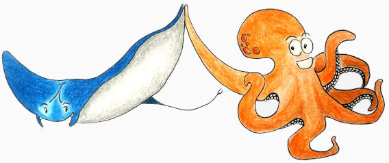 A cartoon stingray and octopus hi-5'ing